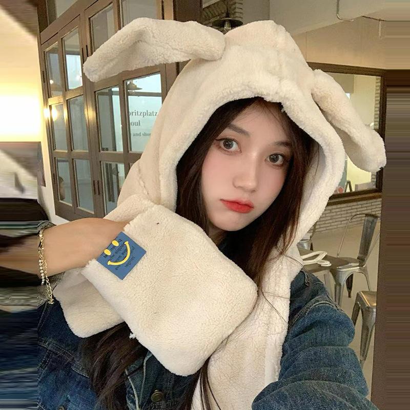 Autumn and Winter Hats for Women Cute Rabbit Ear Scarf Integrated Warm Plush Gloves Three Piece Set Korean Style Versatile Scarf