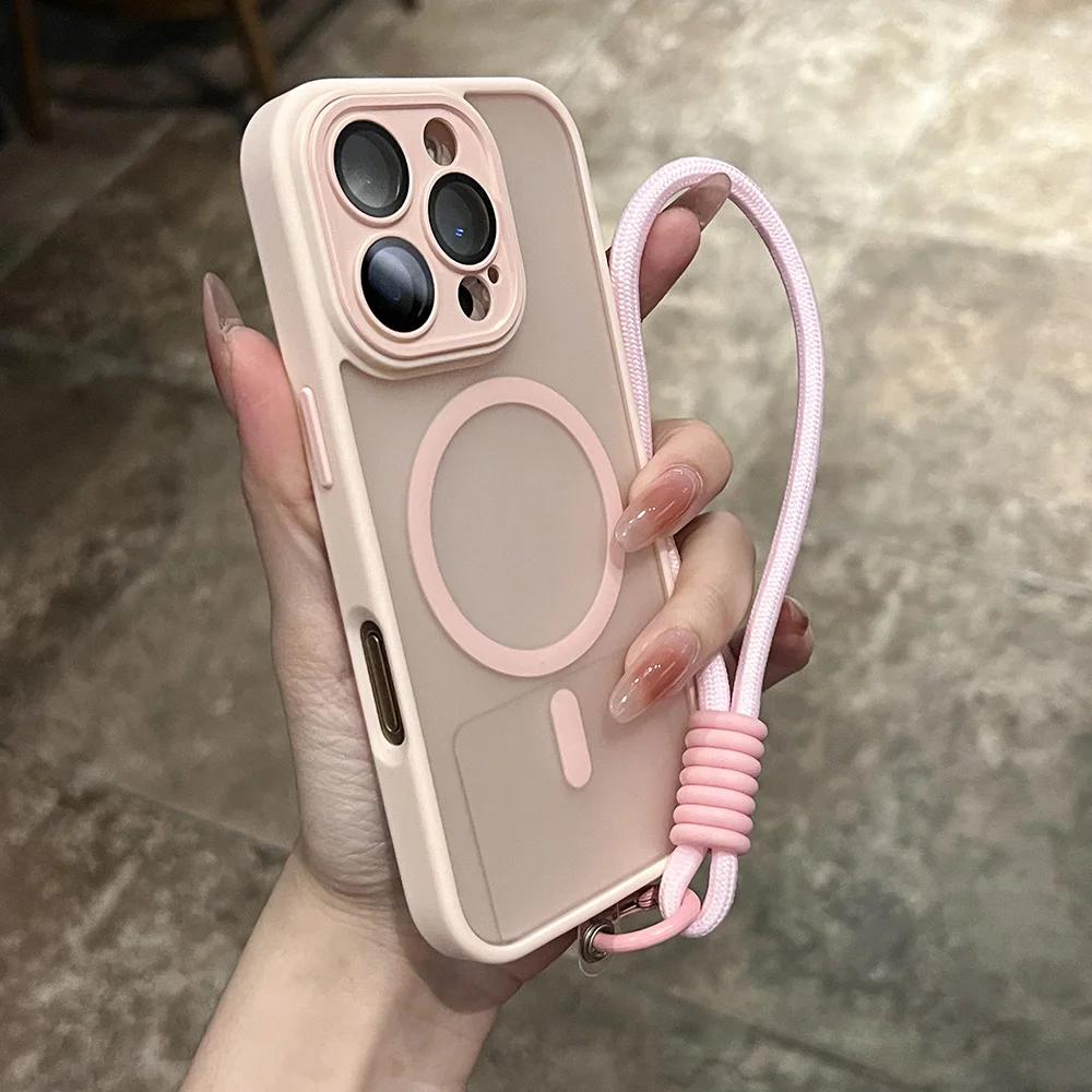 Clear Matte Magnetic Case For For Iphone 16 14 13 Mini 1 12 11 17Pro Max Plus Lanyard Wrist Strap Shockproof Bumper Cover