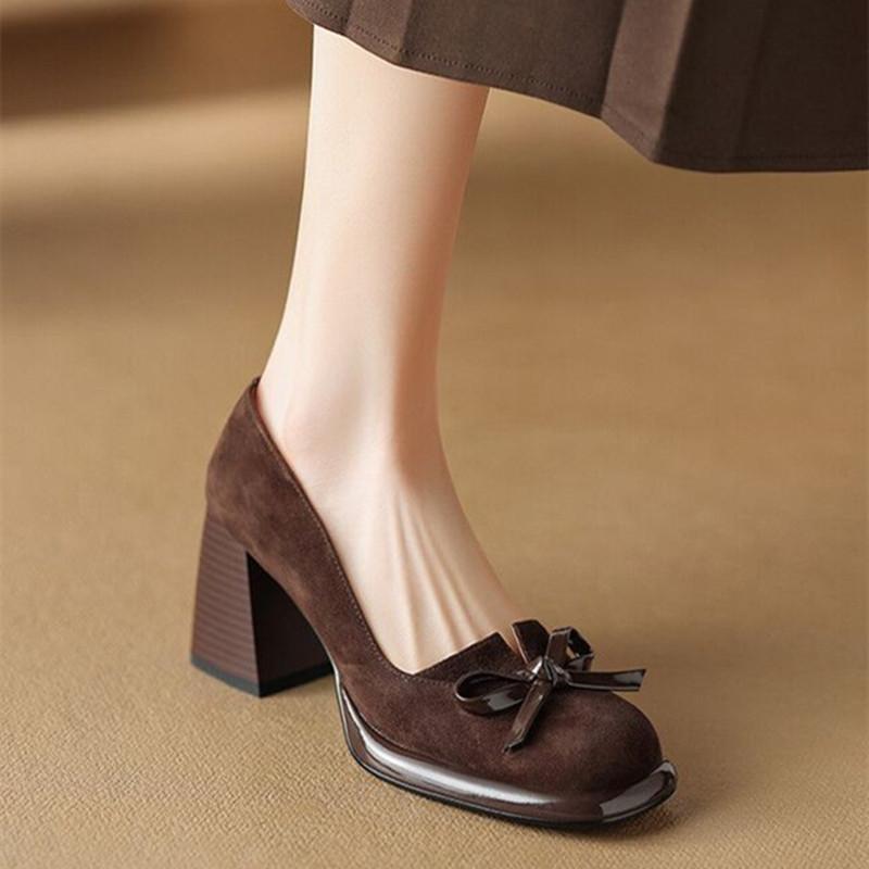 Новые туфли Мэри Джейн на высоком каблуке в стиле ретро, женские туфли из искусственной замши на толстом каблуке, дизайнерские туфли-мюли на платформе для женщин с бантом, модные офисные туфли для работы