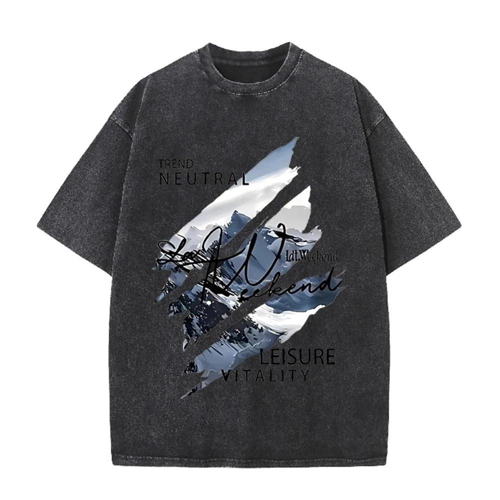 2026 Vintage Washed Beige Mountain Landscape Graphic T Shirt Neutral Leisure Letter Print Oversized Casual Short Sleeve Tee