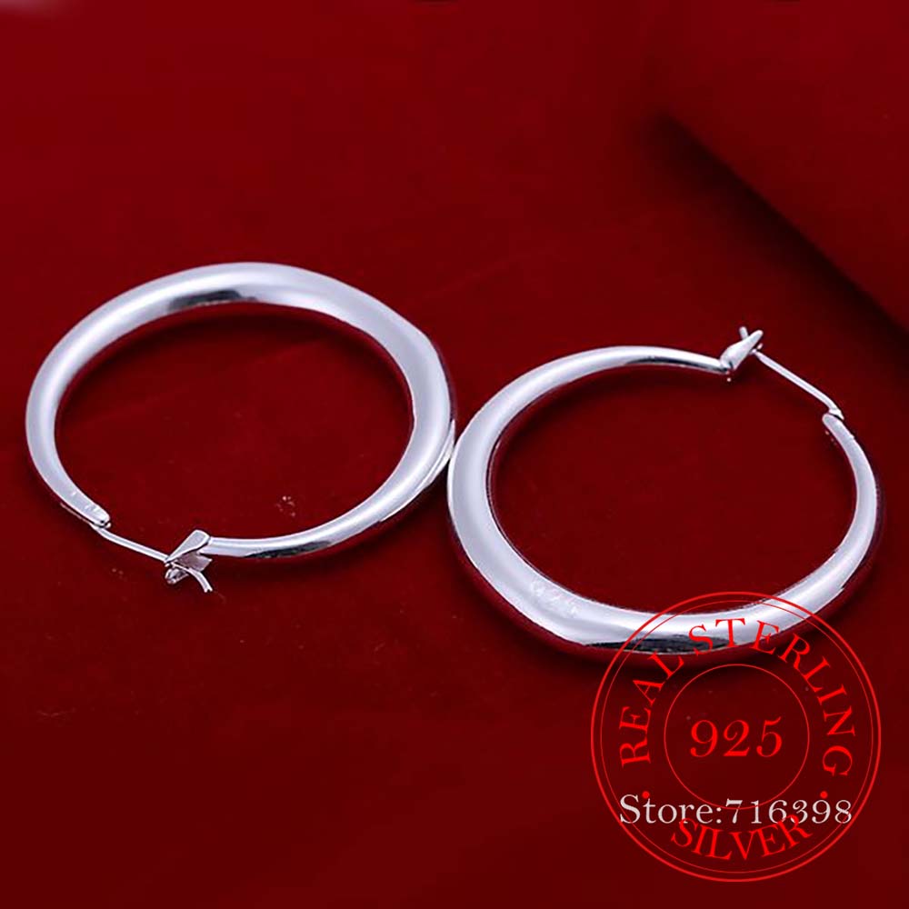 Korean Diameter 34mm Big Solid Circles Hoop Earrings For Women  925 Sterling Silver Brincos De Prata Fine Jewelry For Female