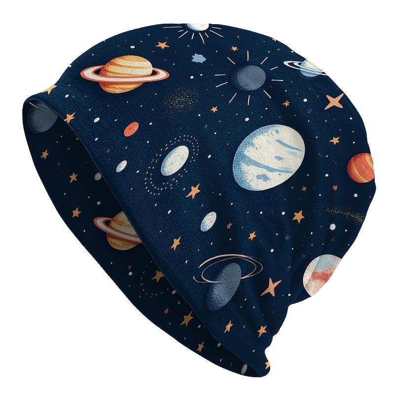 1 шт. Модная вязаная шапка в космической тематике - Узор с мечтательными планетами, Прочная вязаная ткань, Удобная эластичная посадка, Повседневная уличная шапка, Праздничный головной убор, El