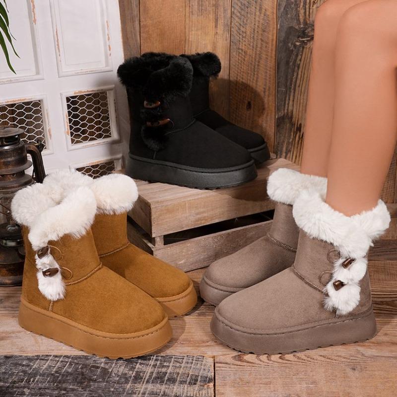 Versatile Platform Snow Boots Women's Winter Velvet Thickened Lightweight Horn Buckle Integrated Cotton Shoes