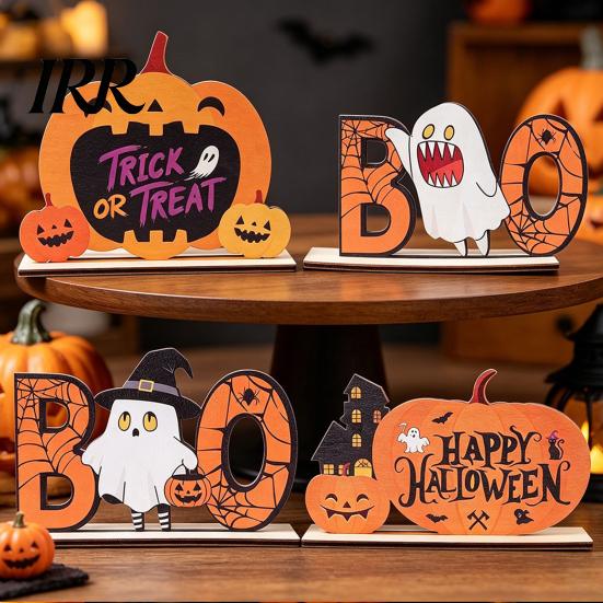 Holiday Window Display Ornament Halloween Wooden Table Sign, Cute Pumpkin Boo Ghost Vibrant Party Prop Tabletop Centerpiece for Indoor Mantel