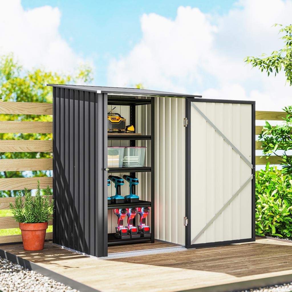 3.3 x 3.4ft Lean To Steel Garden Shed, with Locking Door - Dark Grey