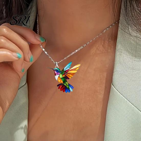 Hypoallergenic Jewelry Rainbow Hummingbird Necklace Acrylic Colorful Bird Pendant Lightweight Fashion Gift for Women Lovers