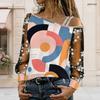 Women Plus Size Asymmetric Off Shoulder Long Sleeve Printed T Shirt Sheer Floral Mesh Sleeves