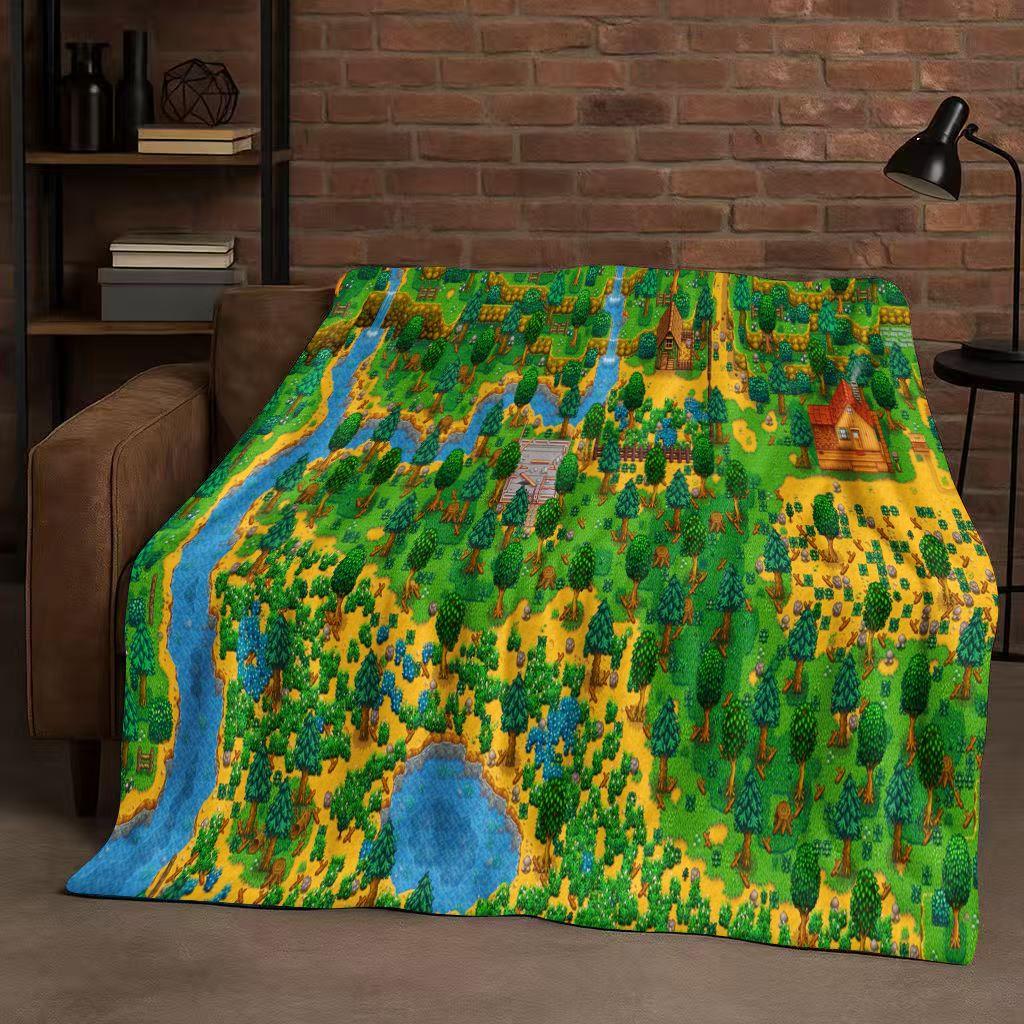 Retro Stardew Valley Farm Map Pixel Game Flannel Blanket,Ultra Soft Warm Plush Throw for Home Bedroom Bed Sofa Cover Kids Gift