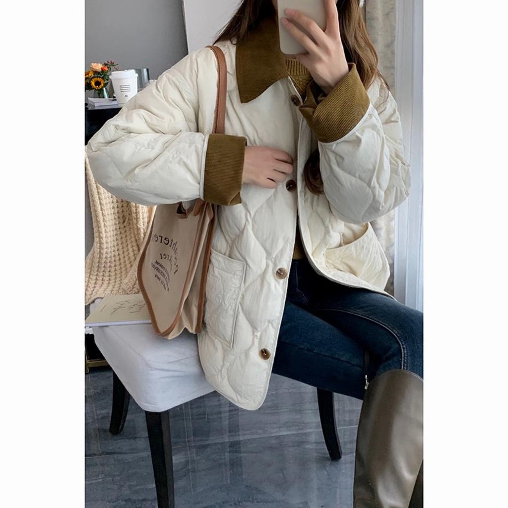 Thin and light rhombus contrasting color short splicing cotton-padded jacket fragrant winter new lapel cotton-padded jacket cotton-padded jacket