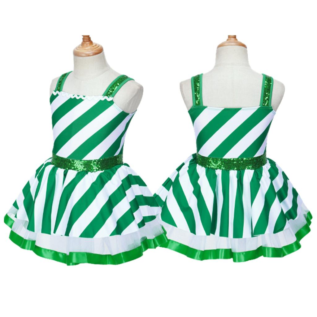 Kids Girls Christmas Dance Cosplay Costumes Shiny Sequins Striped Dress Figure Ice Skating Roller Skating