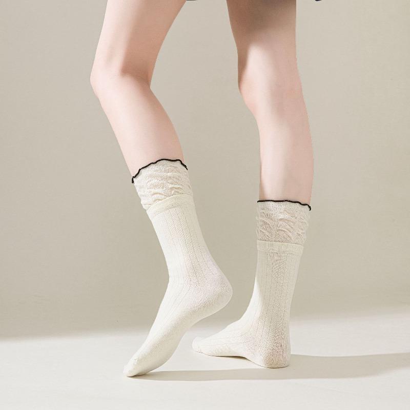 Female Spring and Autumn Solid Color Vertical Bar Hollow Fungus Lace Ballet Wind Drum Pile Socks
