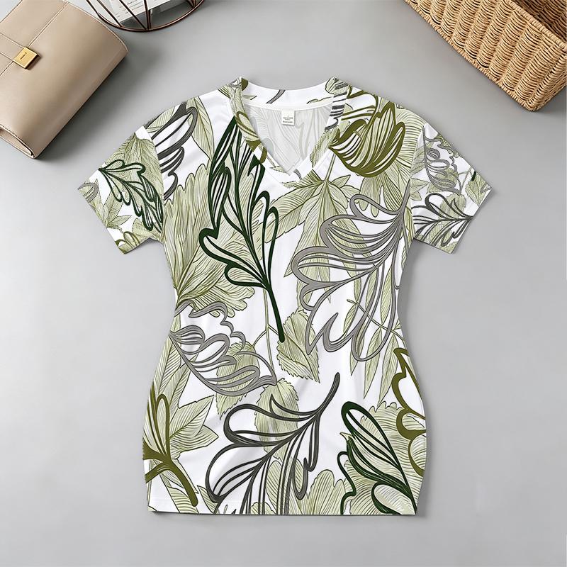 Plant Print Fitted V-Neck Short Sleeve Dress - Street Style, Comfortable Fabric for Beach, Daily & Night Market Casual