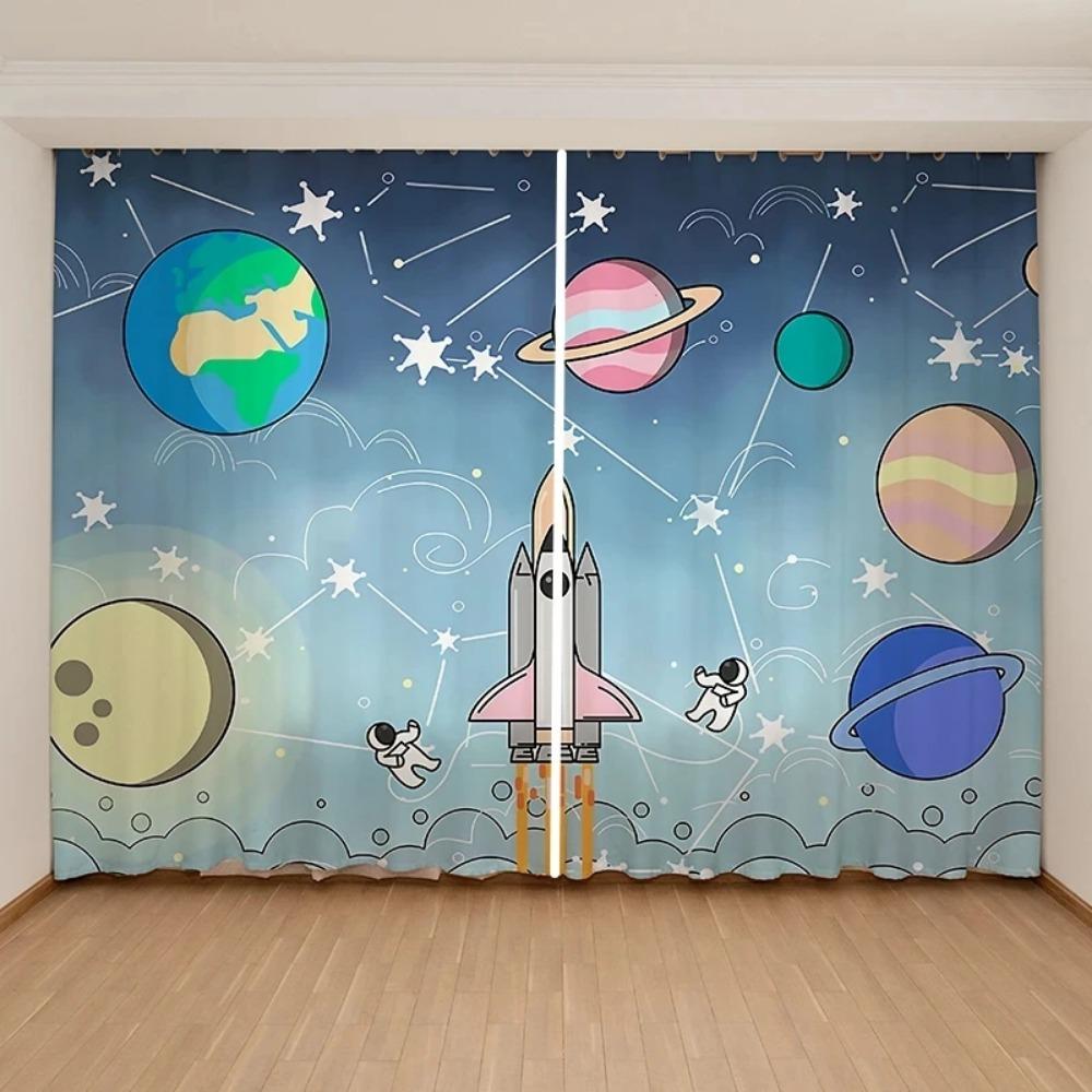 Мультяшные Милые Космические Астронавты Планеты Шторы Детская Спальня для Мальчиков Девочек Окно 2 Панели Высокое Затемнение Новый Модный Узор