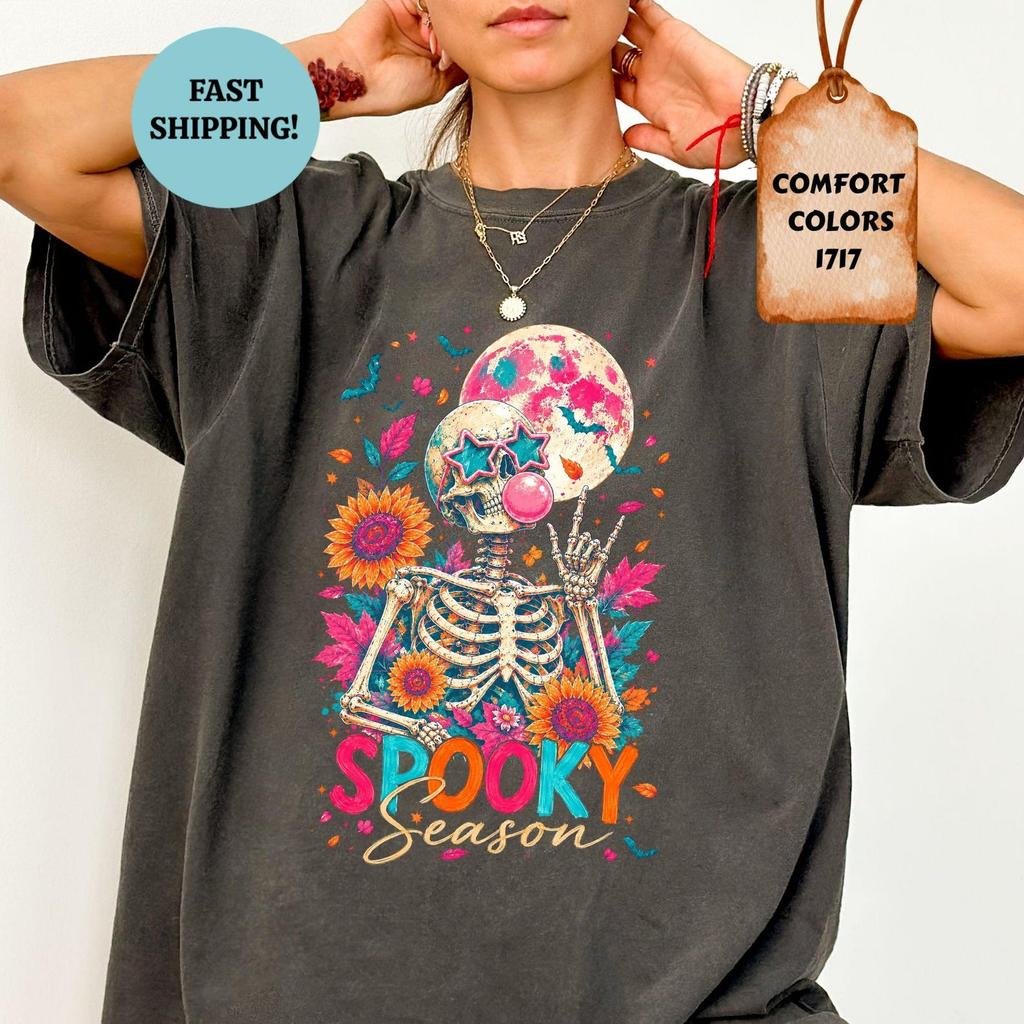 Comfort Colors® Funny Halloween Skeleton Shirt, Floral Spooky Season T-Shirt, Bubble Gum Skeleton Tee