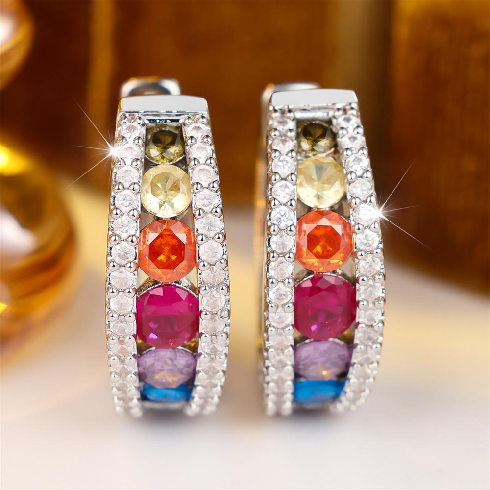 Multicolor Zircon Single Row Small Round Stone Hoop Earrings For Women Silver Color Ear Buckle Wedding Jewelry Versatile Gifts