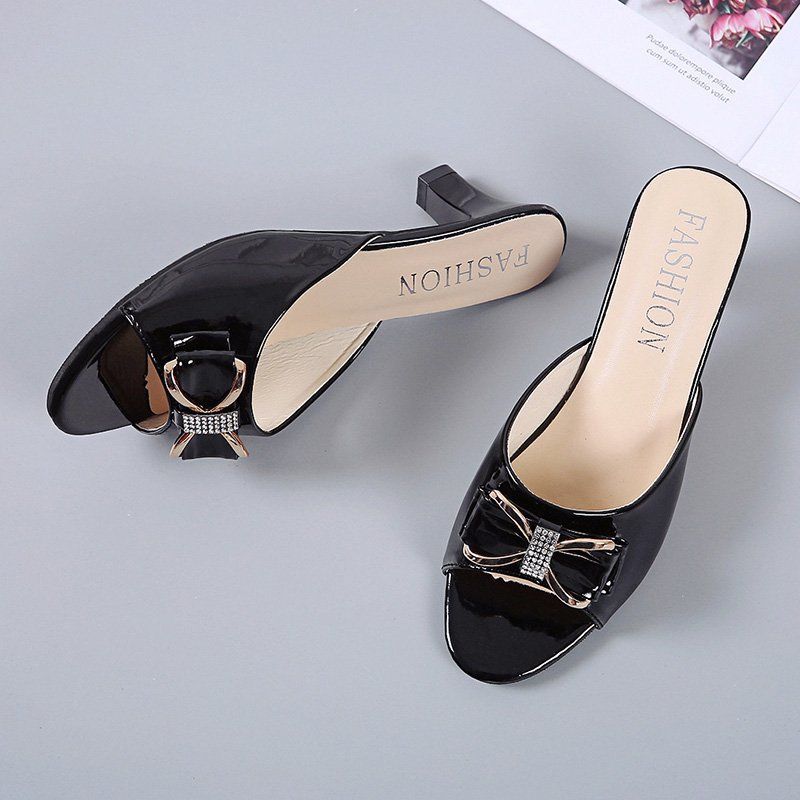 Сандалии Fish Mouth Женская одежда для отдыха Летние сандалии со стразами и бантом Универсальные женские туфли на высоком каблуке больших размеров