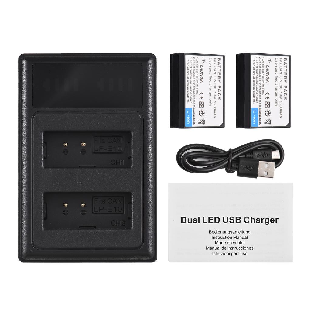 LP-E10 Battery Charger 2-slot with LED Indicators 2pcs LP-E10 Batteries 7.4V 2200mAh with USB