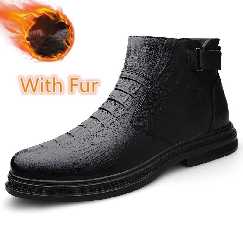 Модные мужские ботинки с тиснением под крокодила из натуральной кожи, зимняя обувь, новые теплые ботинки на плюшевом меху, базовая модель, роскошные удобные ботинки челси