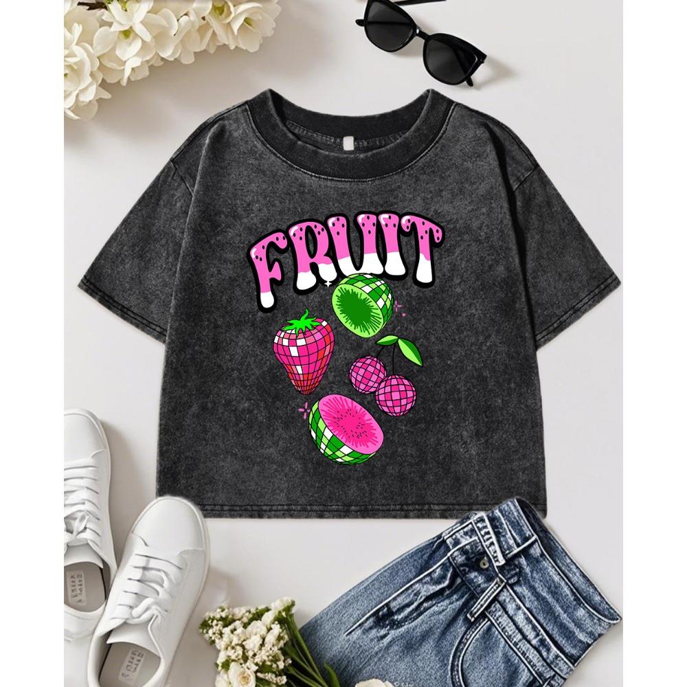 Fruit Strawberry Cherry Kiwi Print Washed T-Shirt Women Slim Y2K Crop T Shirts Cotton Summer Tops O-Neck Short Sleeve
