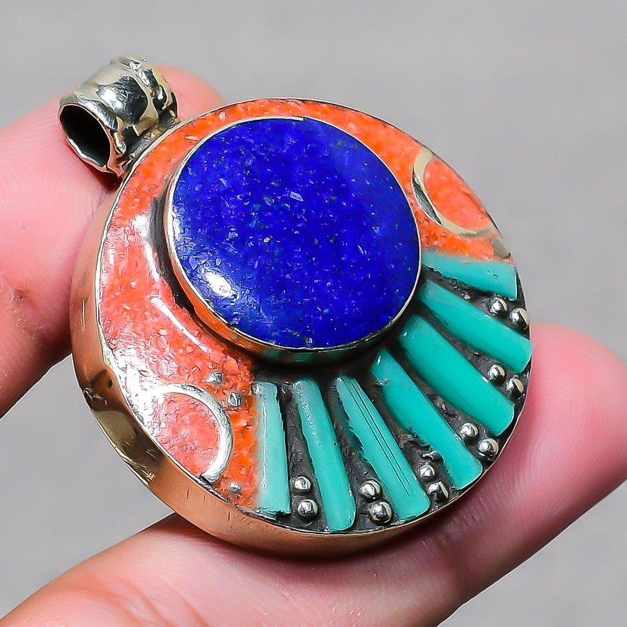 Vintage Tibetan Nepali Pendant 1.7" Natural Lapis lazuli Turquoise Coral NP 2408