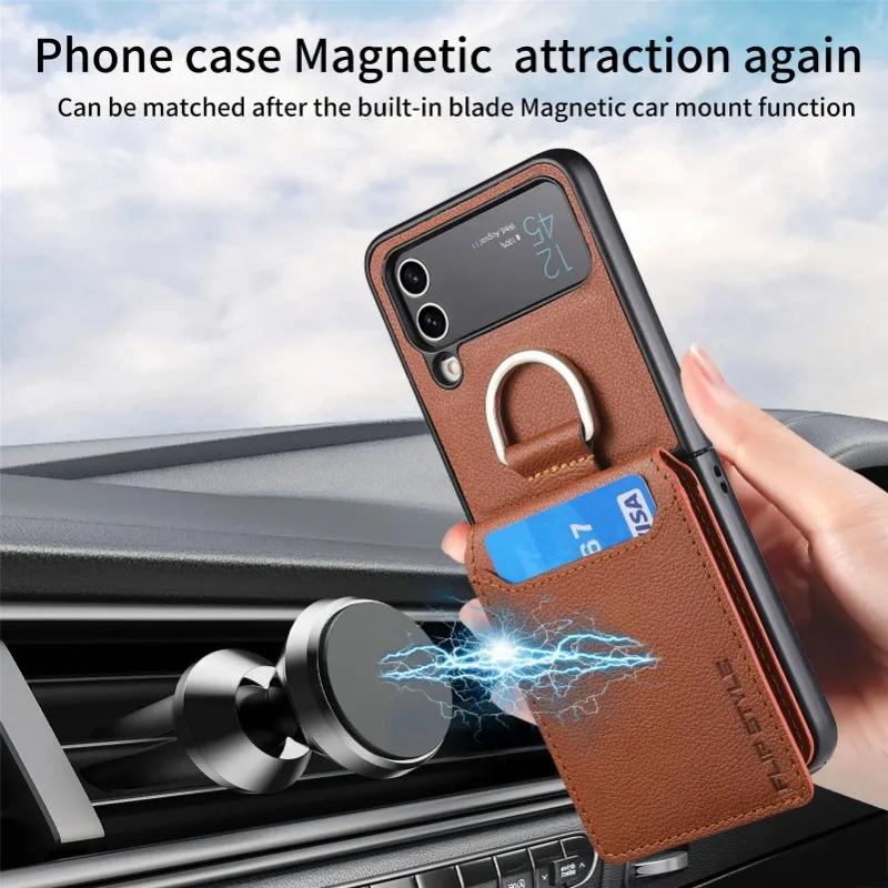 multifunction Card Slot Lychee leather Phone Case for Samsung Z Flip 6 5 4 3 7 5G Ring Holder Shockproof Back Cover for Z Flip6