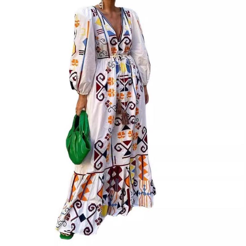 Женское праздничное платье с рукавами-фонариками и принтом, длинное