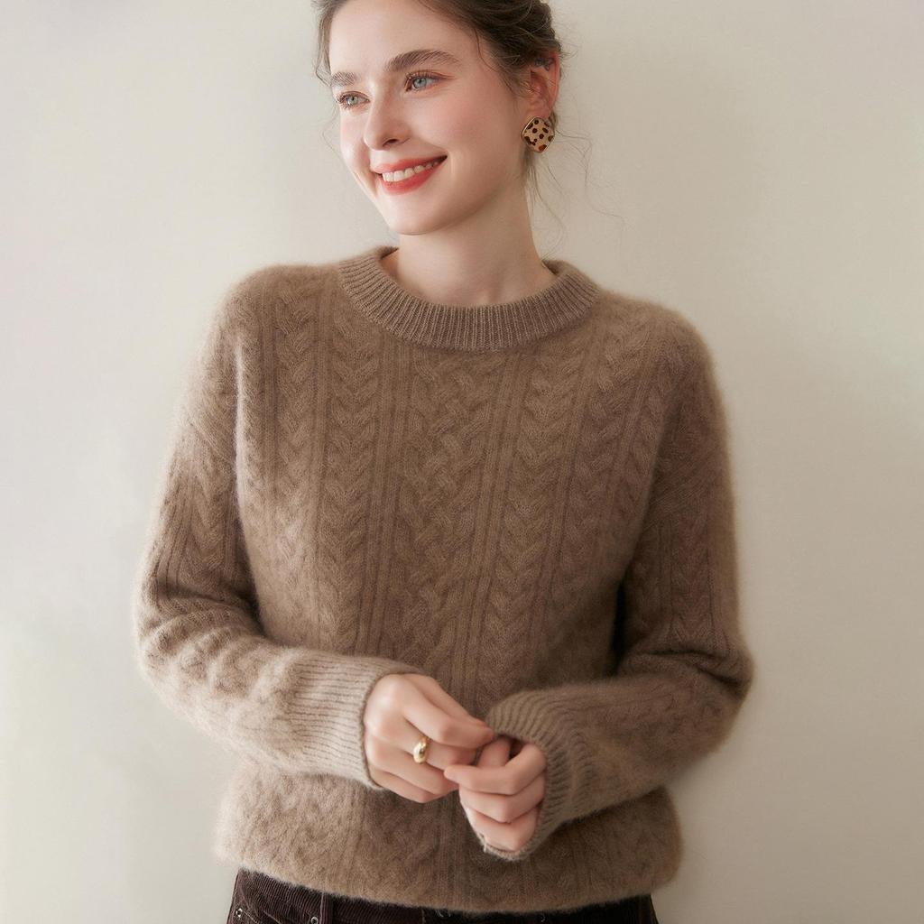 Women's Heavyweight Cashmere Cable Knit Round Neck Sweater - Autumn/Winter Pullover, Pure Color, Loose Fit