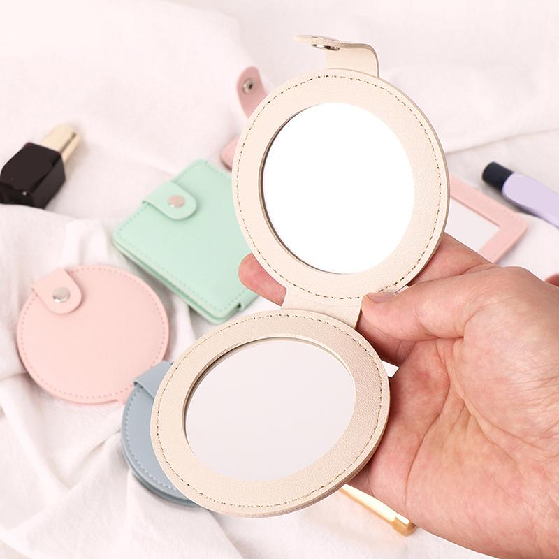 2-стороннее зеркало для макияжа, однотонное, из искусственной кожи, простое, портативное, складное, для студентов, компактное, симпатичное, карманное зеркало