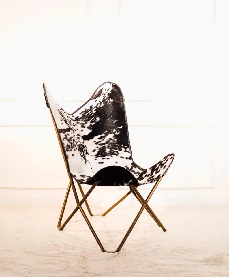 Vintage Handmade Cowhide Hair Leather Folding Butterfly Accent Chair with Iron Frame