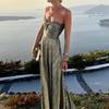 Women Evening Off Shoulder Backless Sleeveless Bronzing Bandeau Out High Waist Pleated Prom Party Banquet Maxi