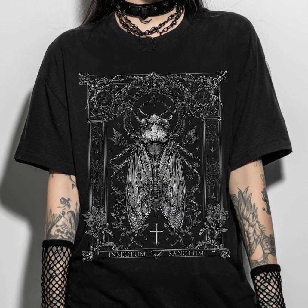 Dark Pastoralstyle Cicada Pattern Tshirt Witch Gothic Insect Shirt Fantasy Gothic Dark Academic Style Decadent Gothic Style
