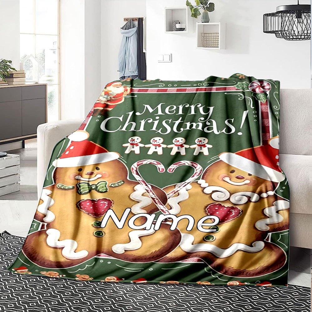 Merry Christmas Gingerbread Couple Home Customize Your Name Blankets Soft And Cozy For All Seasons Perfect For Picnics Sofa Office Bed Living Room