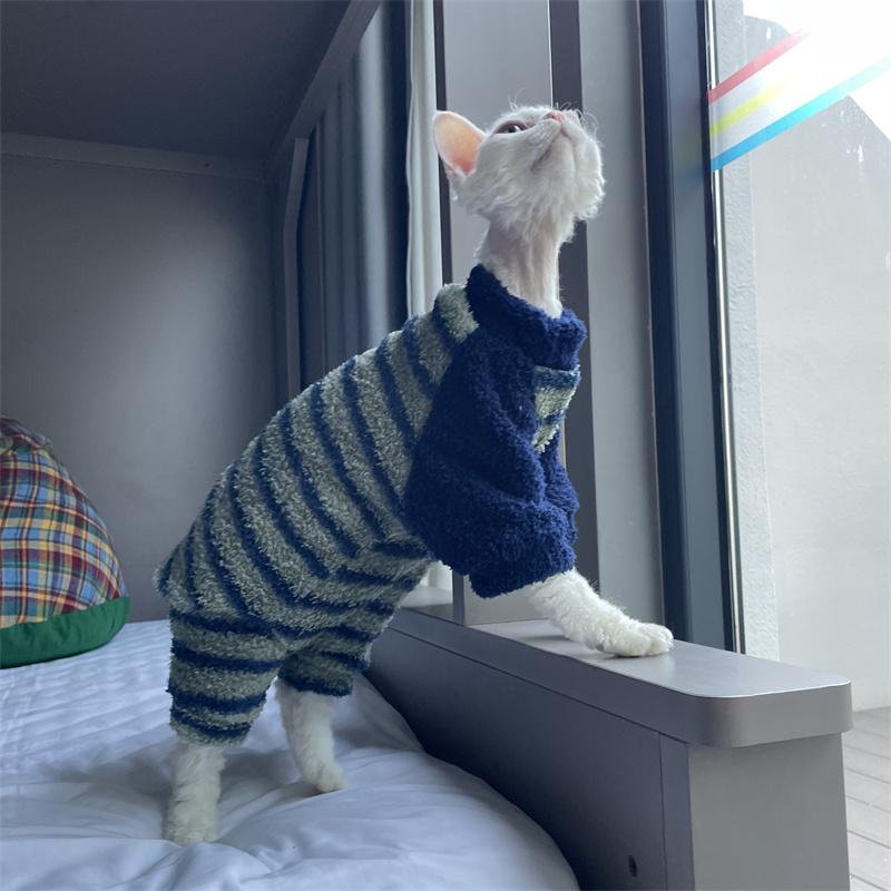 Warm Soft Coffee Fleece Jumpsuit for Sphinx Cat in Winter Four-Leg Thick Purple Strips Coat for Devon Rex Sweatshirt for Kittens