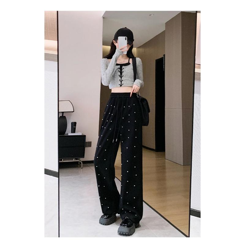 Heavy Industry Hot Diamond Wide Leg Pants for Women's Spring New Casual High Waist Loose Straight Tube Drop Floor Dragging Pants