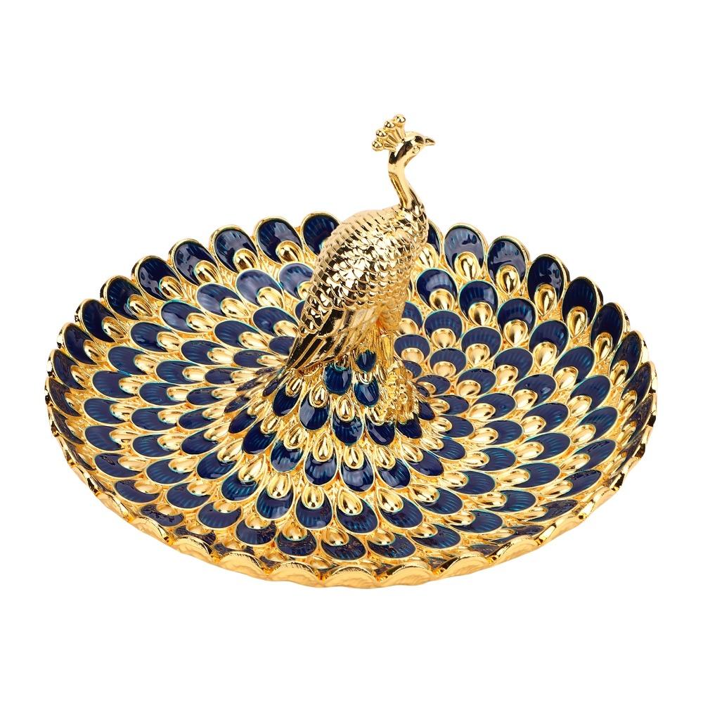Metal Material Peacock Shape Tray Golden Blue Color Snack Serving Plate Home Storage