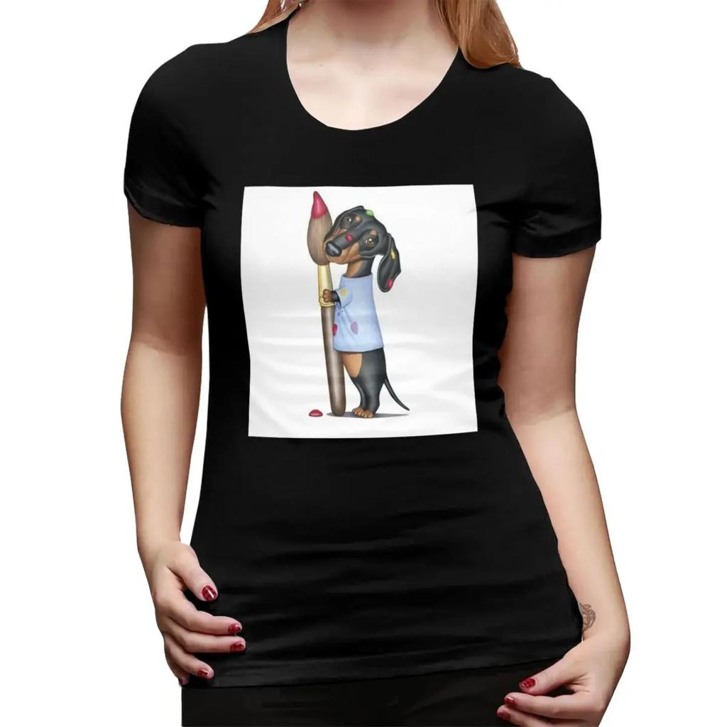Dachshund Dog Painting Art TShirt for Women Round Neck Streetwear T Shirts Womens Tees Short Summer Clothes Tops