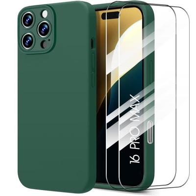 Чехол и 2 закаленных стекла для iPhone 16 Pro Max, Ультратонкая защита от ударов и царапин, Цвет: Ночной зеленый