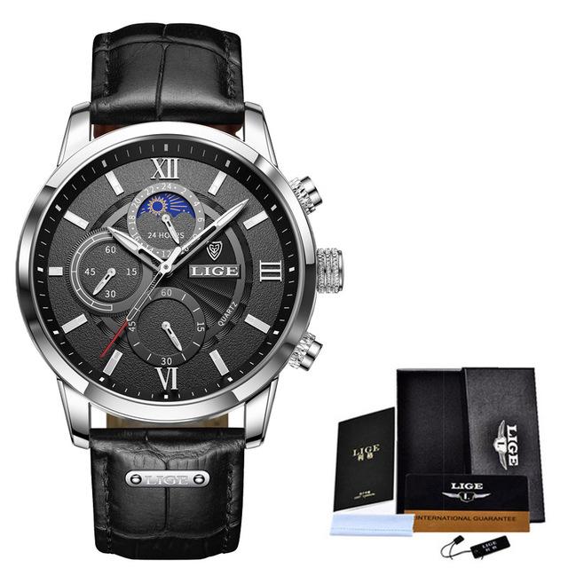 2021 LIGE Watches Mens Top Brand Luxury Clock Casual Leathe 24Hour Moon Phase Мужские часы Спортивные водонепроницаемые кварцевые хронографы + коробка