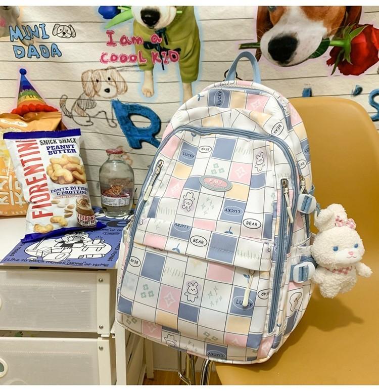 Ins Style Girls' Nylon Large Capacity Backpack For School Students Cartoon Cute Flower Pattern Grid Element