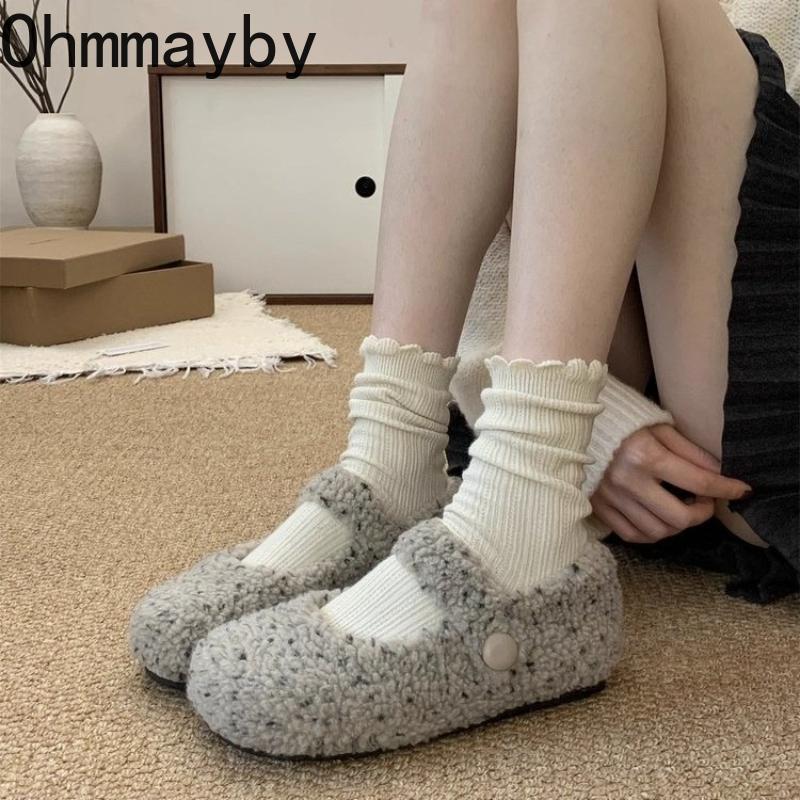 Осенне-зимние коротковорсовые женские туфли Мэри Джейн, удобные, с круглым носком, на мягкой подошве, для улицы, теплые, хлопковые балетки