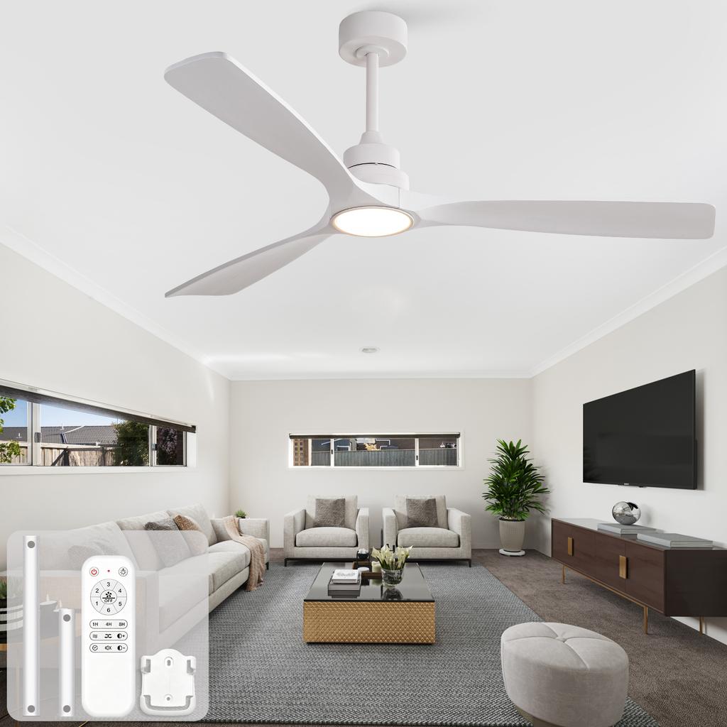 60-inch ceiling fan in white, three-blade, wood propeller blades, remote control, 3CCT, Reversible DC Motor, Six Speed Settings, and Power-Off Memory