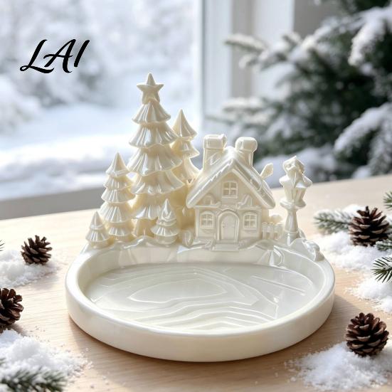 Christmas Theme Home Decor Winter Village Jewelry Tray 3D Printed Snow House Pine Tree Decorative Dish Matte White Trinket Bowl Mini Desktop