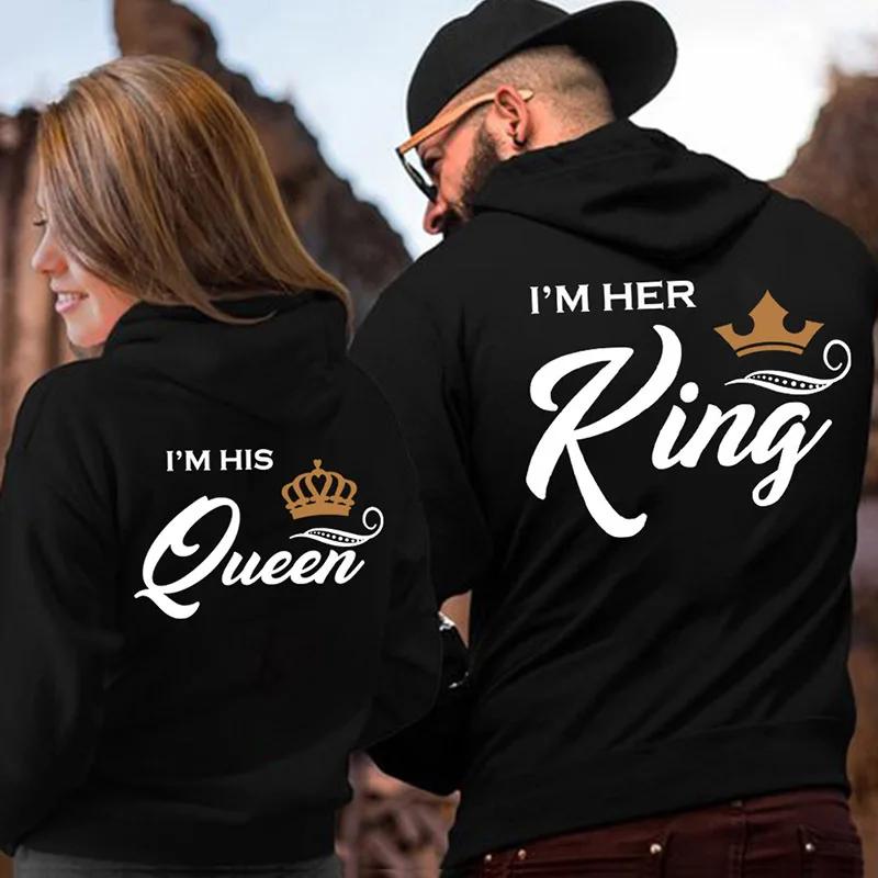 Печать Толстовки Her King или His Queen Lover Мода Харадзюку Повседневная Женская Мужская Одежда Толстовка для Влюбленных Парные Толстовки