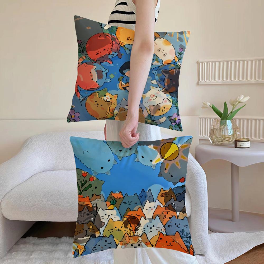 Cartoon Cat Picture For Wake Up Cushion Cover Anti-dustmite Pillowcase Invisible Zipper Silky Short Plush Sofa Cushion Cover