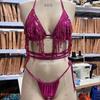 Women Sexy Sequin Tassel Triangle Split Bikini Suit Set Summer Tie Side G-String Thong Swimsuit Halter Lace Up Elastic Bikini