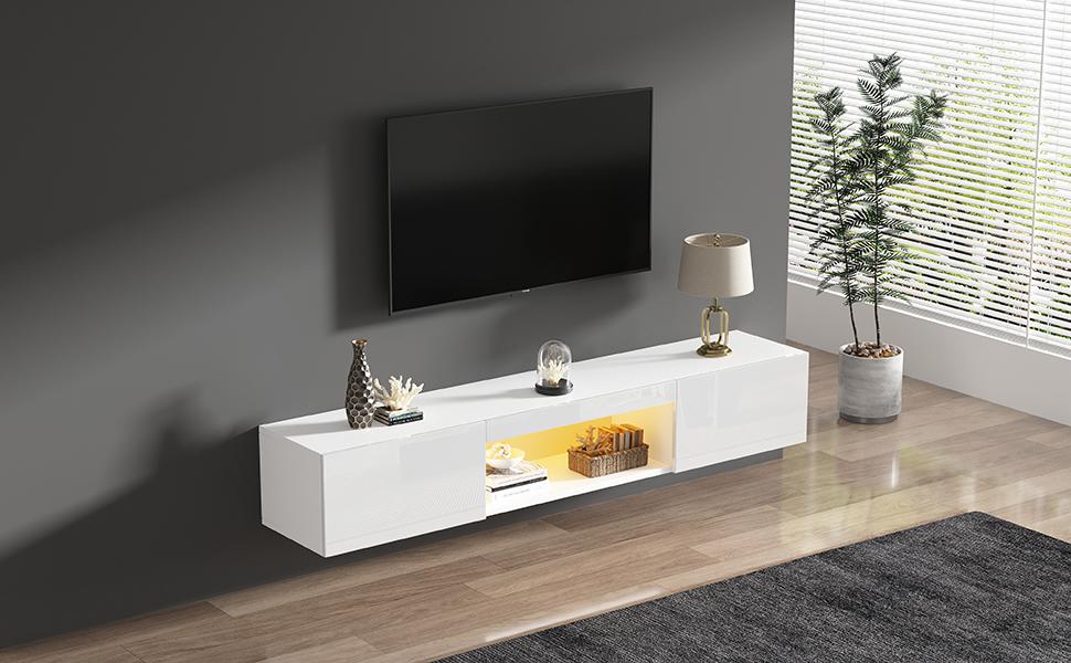 160*31*22cm White High Gloss Wall-Mounted Cabinet for 70-Inch TV, 30kg Load Capacity, with LED Lighting, Bluetooth App Control, Wall-Mounted TV Stand