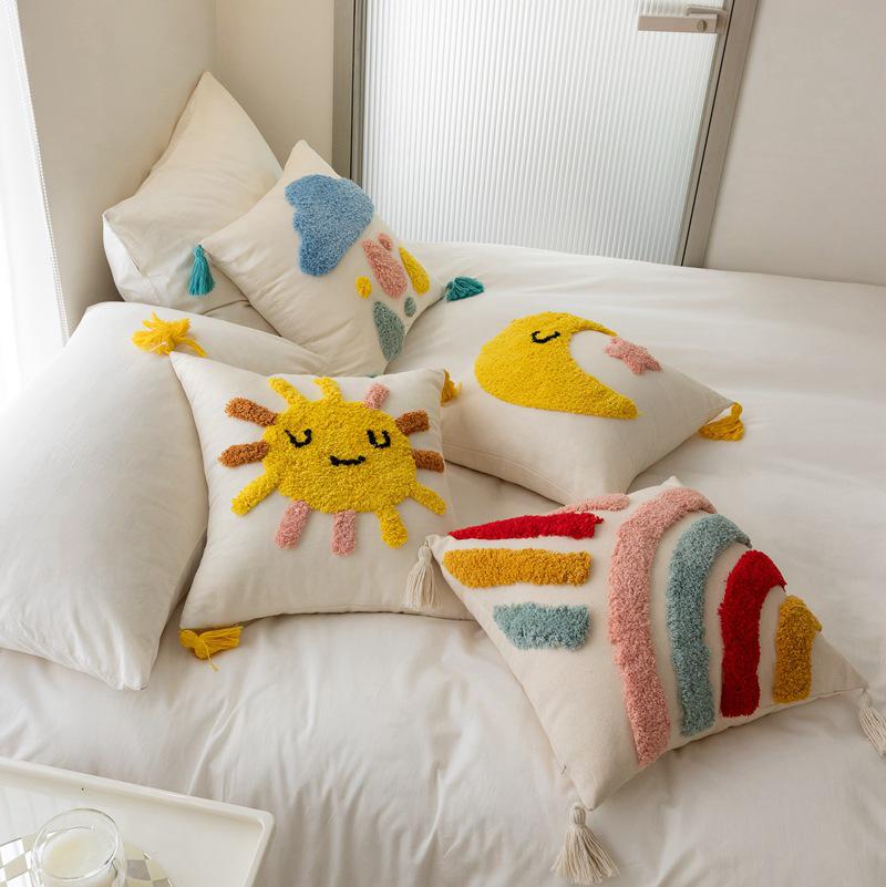 Kids' Cartoon Tufted Embroidered Pillow: Cozy Bedside or Sofa Backrest Cushion