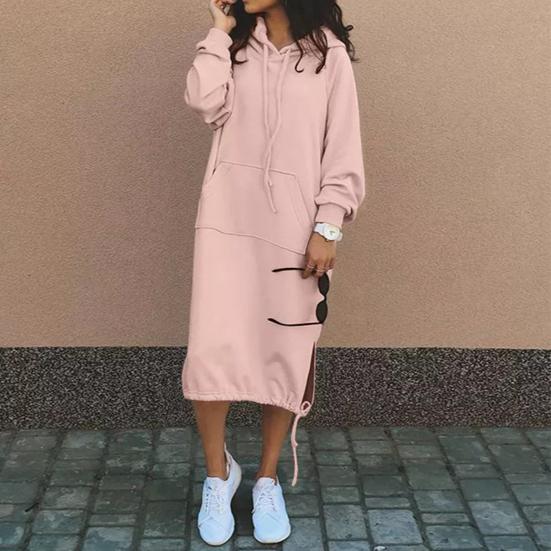 Платье Yousheng Women Fall Spring Dress с регулируемым подолом, завязками на шнурке, капюшоном, разрезом, накладным карманом, свободное однотонное платье миди с длинными рукавами, плотное платье