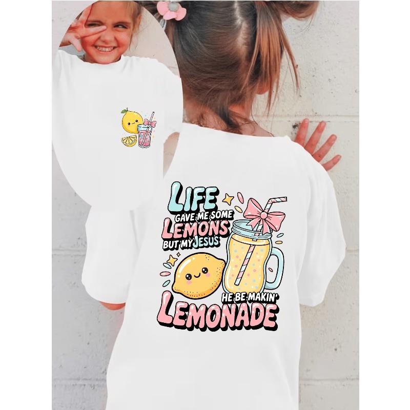 European sizes Double-Sided Printed Kids Short Sleeve T-Shirt Cute Cartoon Lemon And Lemonade Print Tee Sweet Casual Girls Top