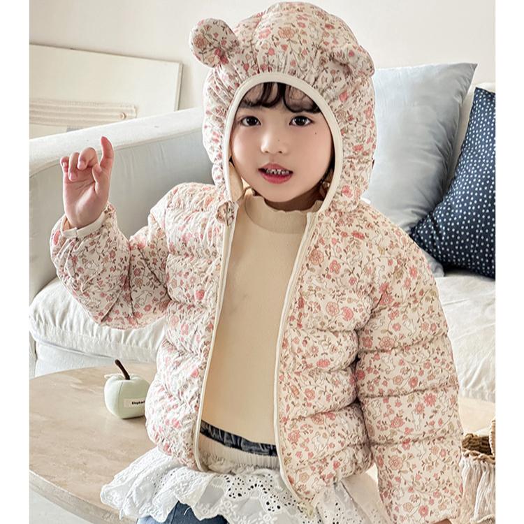 Осень милые пальто с цветочным принтом теплая детская одежда на хлопковой подкладке модный стиль синий зимний укороченный пуховик для маленькой девочки